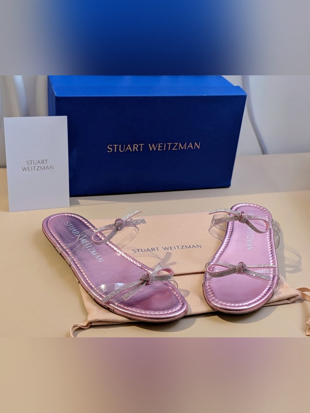 Stuart Weitzman Pink Crystal Bow Clear Slide Sandals NWT Size 8